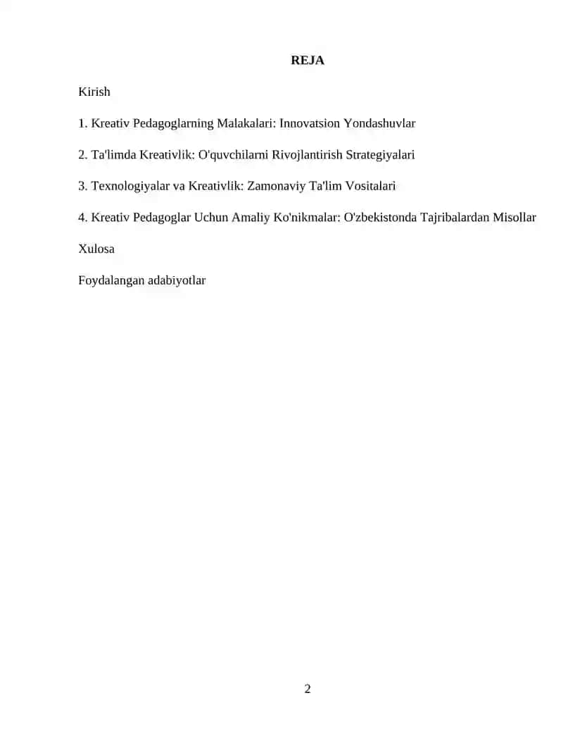 Oʻzbekistonda Kreativlik imkoniyatiga ega pedagoglarda namoyon bo'ladigan malakalar 2