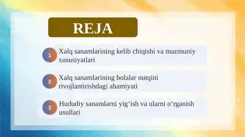 Xalq sanamlari bolalar nutqini rivojlantirish vositasi sifatida. Hududiy sanamlarni yig‘ish 2