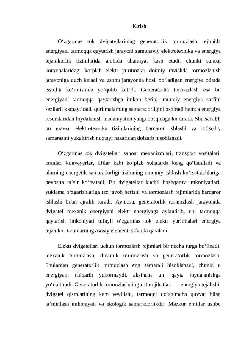 O‘zgarmas tok dvigatellarining generatorlik tormozlash rejimi 2