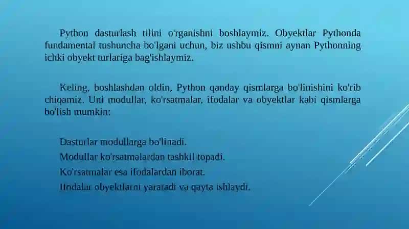 Python dasturlash tilida ma'lumotlar turlari. Python dasturlash tilida raqamli toifalar. 2