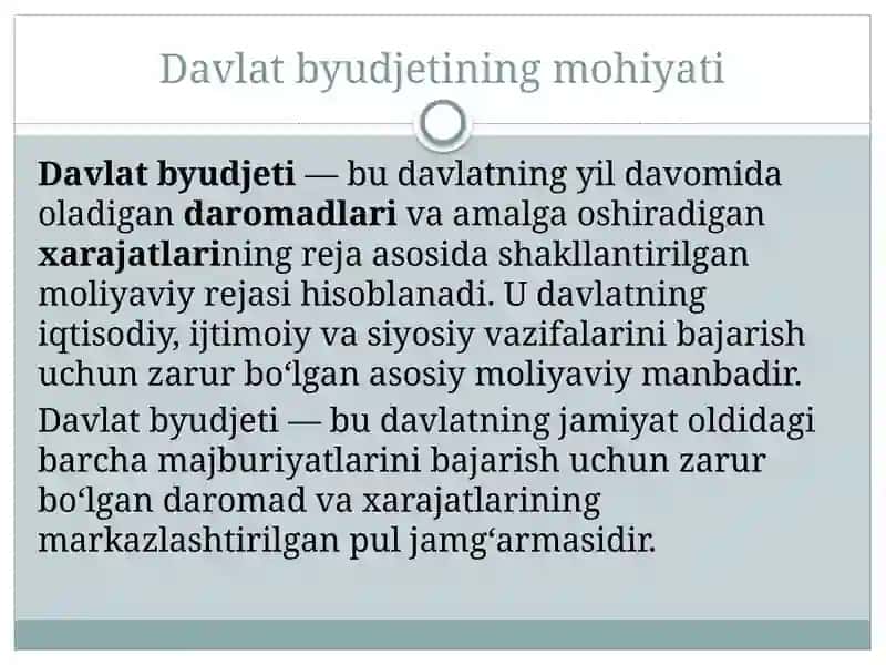 Davlat byudjeti va uning shakllanishi va taqsimlanishining xususiyatlari 2