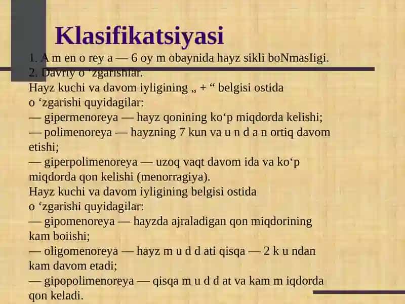 Qiz bolalar va o‘smir qizlarda hayz siklining buzilishi. O'smirlarda amenoreya.Yuvenil qon ketishlar. Algodismenoreya. Qiz bolalarda ginekologik tekshirish usullari 2