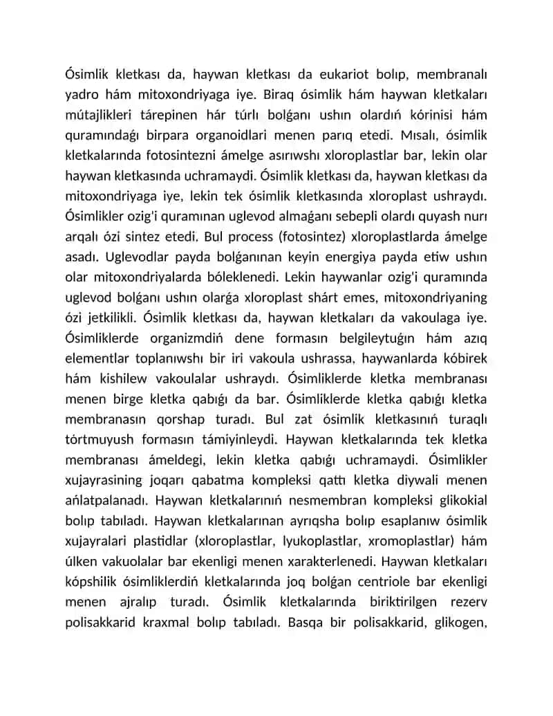 Ósimlik ham haywan kletkasiniň ayirmashiligʻi ham uqsasliq belgileri 2