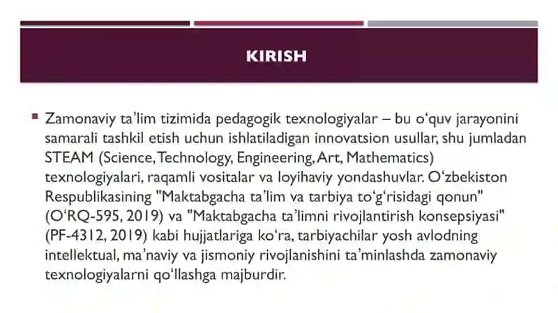 yosh avlodni tarbiyalashda pedagogik texnologiyalarni qoʻllash jarayonida tarbiyachilarga qoʻyiladig 2