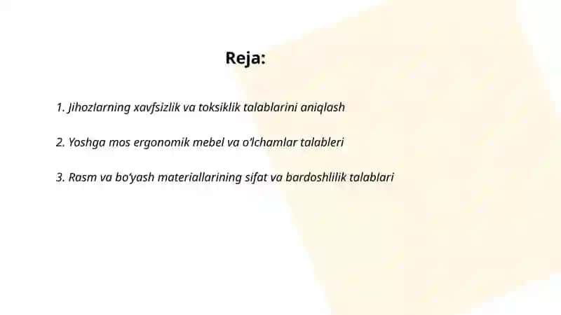 Maktabgacha ta'lim tashkilotlarida tasviriy faoliyat mashgʻulotlari jihozlariga qoyilgan talablar 2