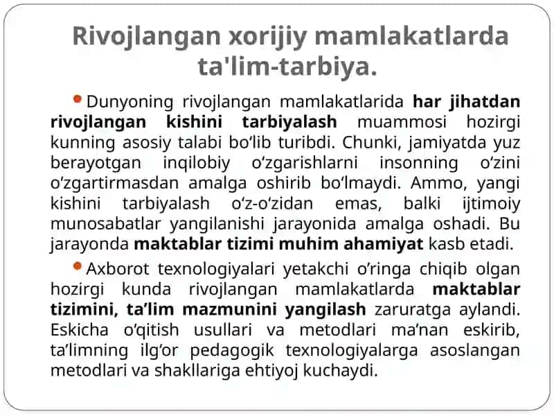 Tarbiya jarayonini samaradorligini oshirishda ilg‘or xorijiy tajribalar. 2