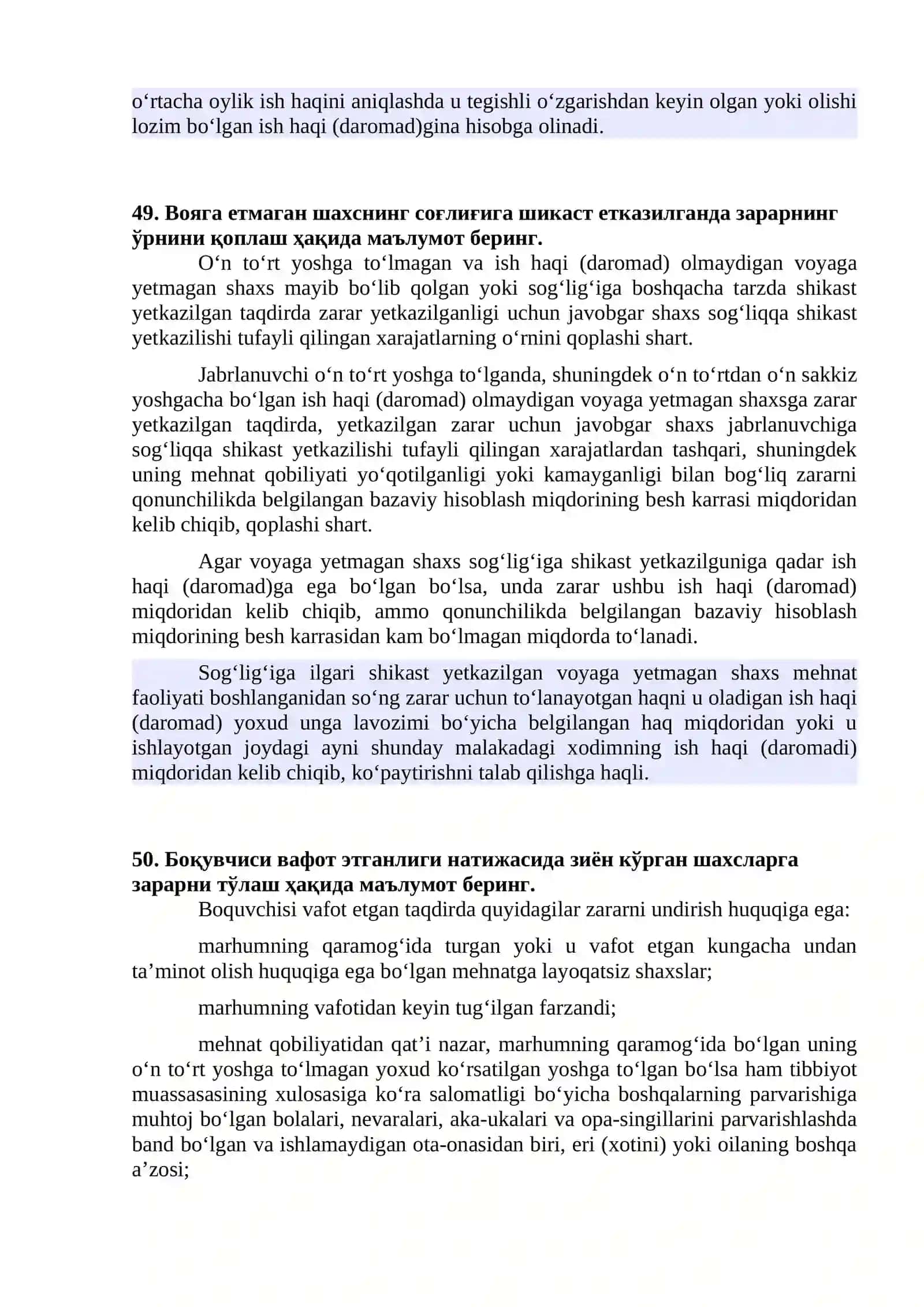 Соғлиққа шикаст етказилиши натижасида йўқотилган иш ҳақини (даромадни) аниқлаш хусусиятлари нимадан иборат? 2