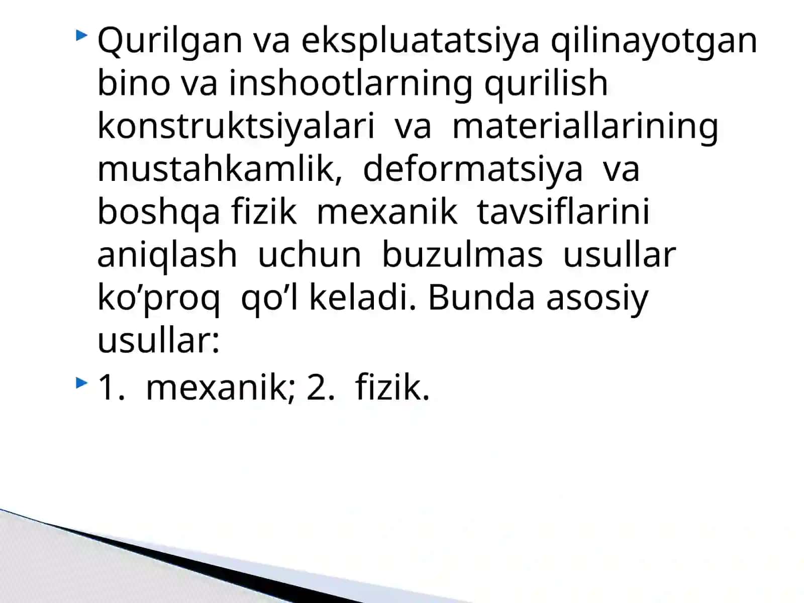 KONSTRUKTSIYALAR MATERIALLARINING MUSTAHKAMLIGINI BUZILMAS USULLAR YORDAMIDA ANIQLASH. MEXANIK USULLAR. FIZIK USULLAR 2