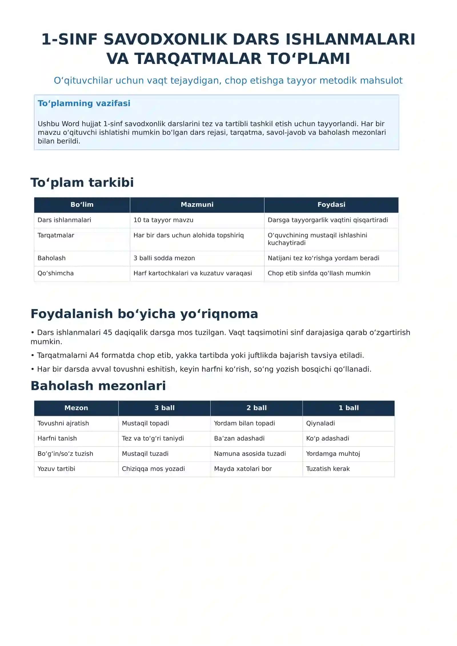1-SINF SAVODXONLIK DARS ISHLANMALARI VA TARQATMALAR TO‘PLAMI 2