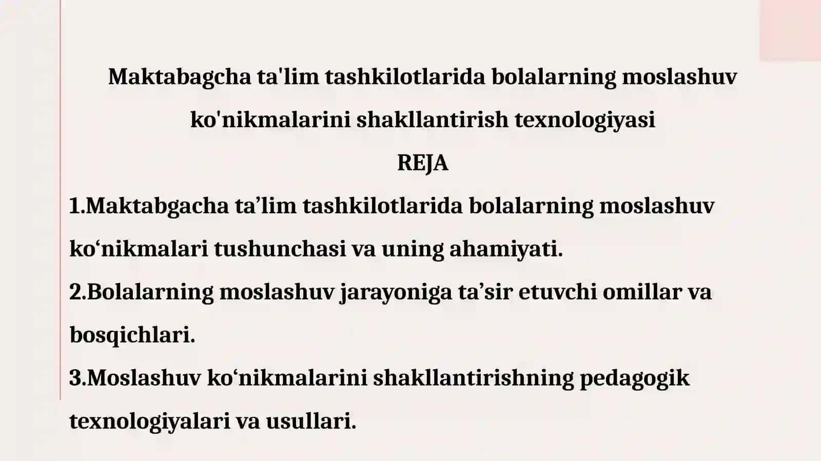 MAKTABAGCHA TA'LIM TASHKILOTLARIDA BOLALARNING MOSLASHUV KO'NIKMALARINI SHAKLLANTIRISH TEXNOLOGIYASI 2