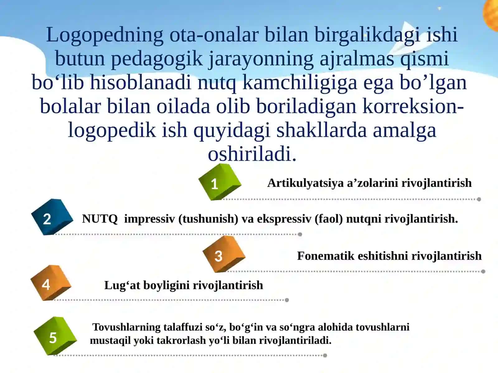 Nutq kamchiligiga ega bo’lgan bolalar bilan oilada olib boriladigan korreksion-logopedik ish mazmuni 2