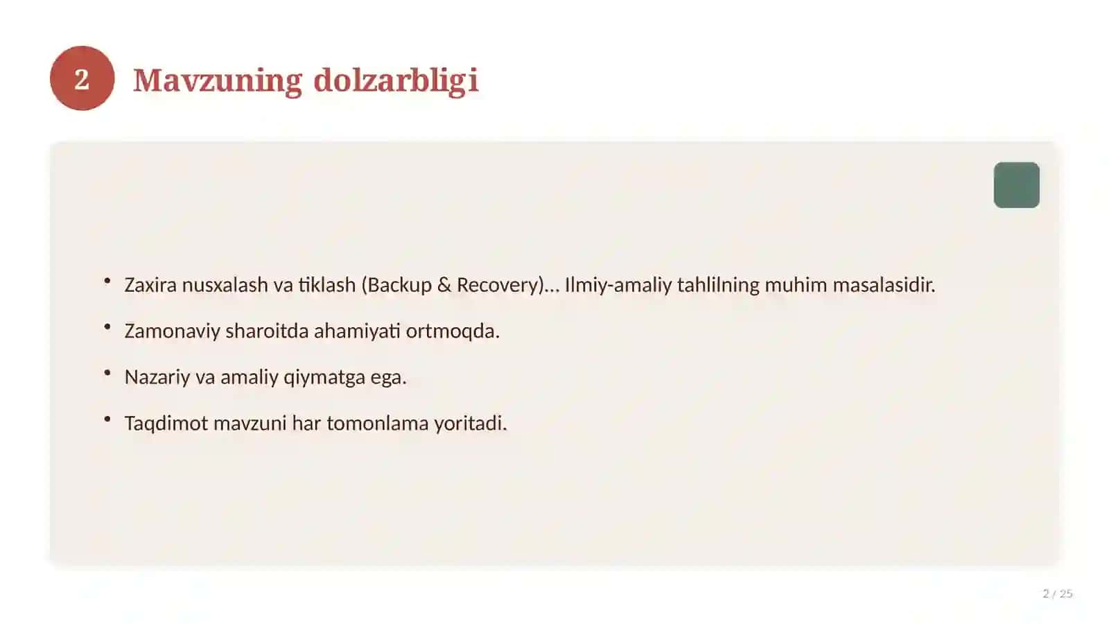 Zaxira nusxalash va tiklash (Backup & Recovery) 2