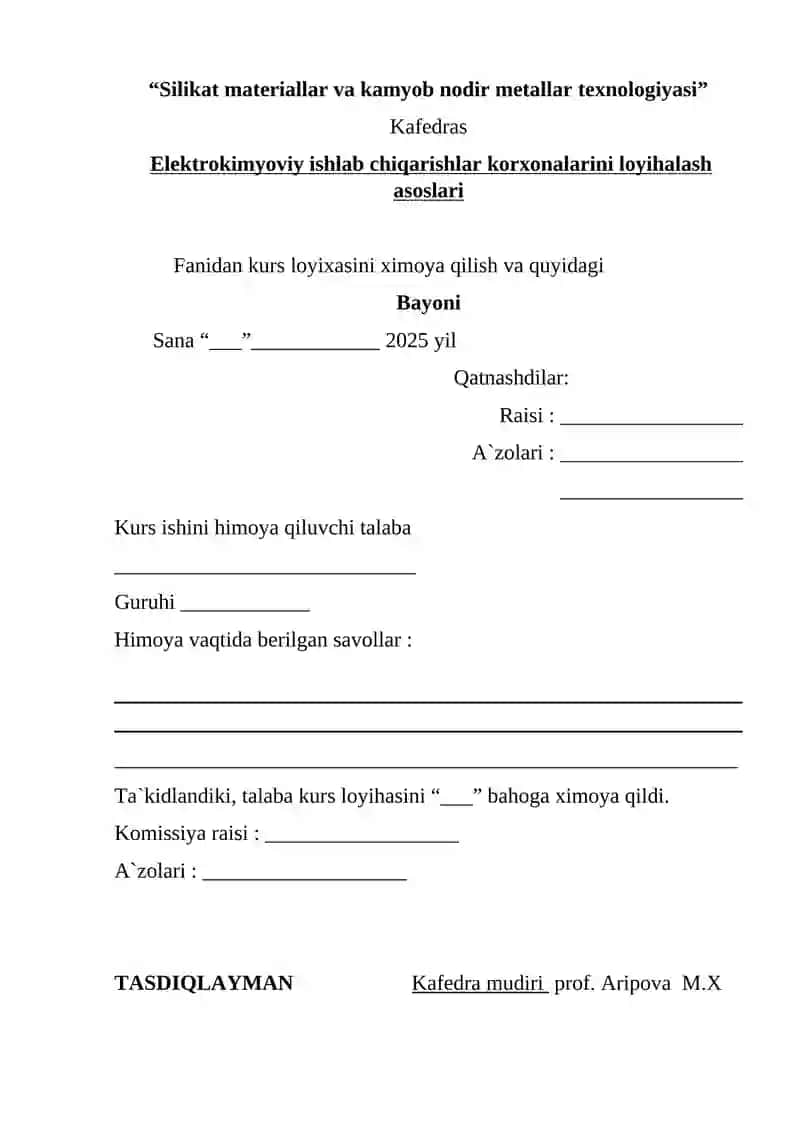 ELEKTROLIZ USULIDA VODOROD ISHLAB CHIQARISH QURILMASI (ELEKTROD MATERIALLARINI TANLASH, GAZ YIG'ISH TIZIMI 2