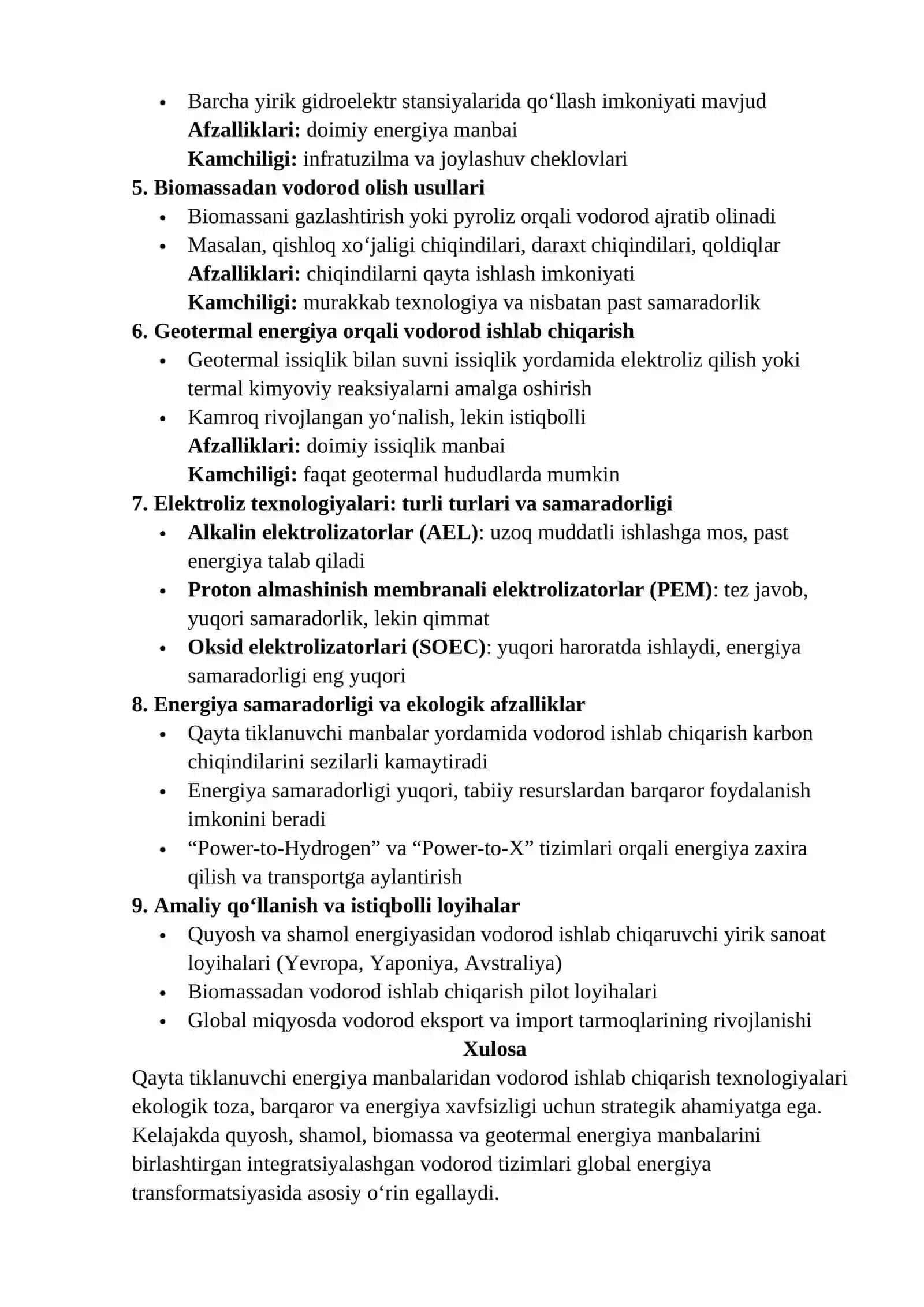 Qayta tiklanuvchi energiya manbalaridan vodorod ishlab chiqarish texnologiyalari 2