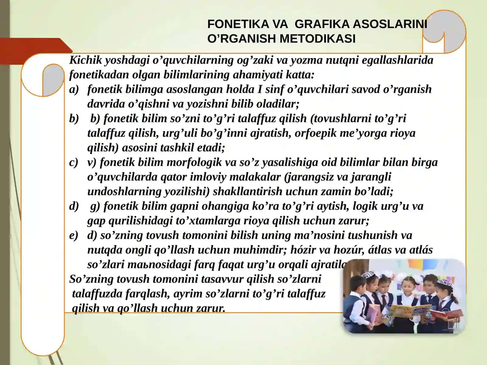 ”Fonetika” bo‘limidagi mavzularni, ”So‘zning morfemik tarkibi” bo‘limidagi mavzularni o‘rganish yuzasidan 1-4-sinflar uchun metodik tavsiyalar ishlab chiqish. Lug‘at ustida ishlash 2