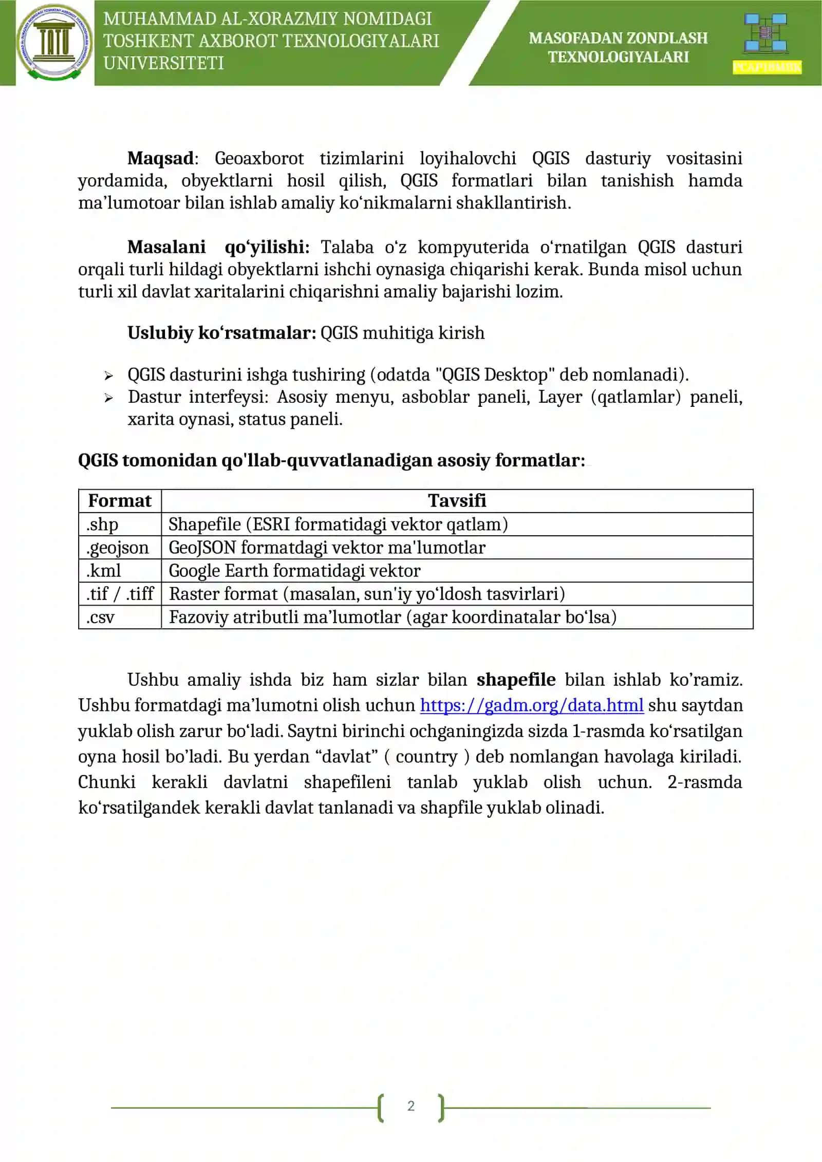 GEOAXBOROT TEXNOLOGIYALARI FANIDAN 2