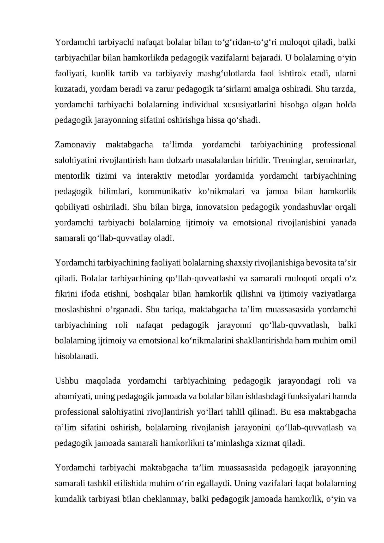 Maktabgacha ta’lim muassasasida yordamchi tarbiyachining pedagogik jarayondagi roli va ahamiyati 2