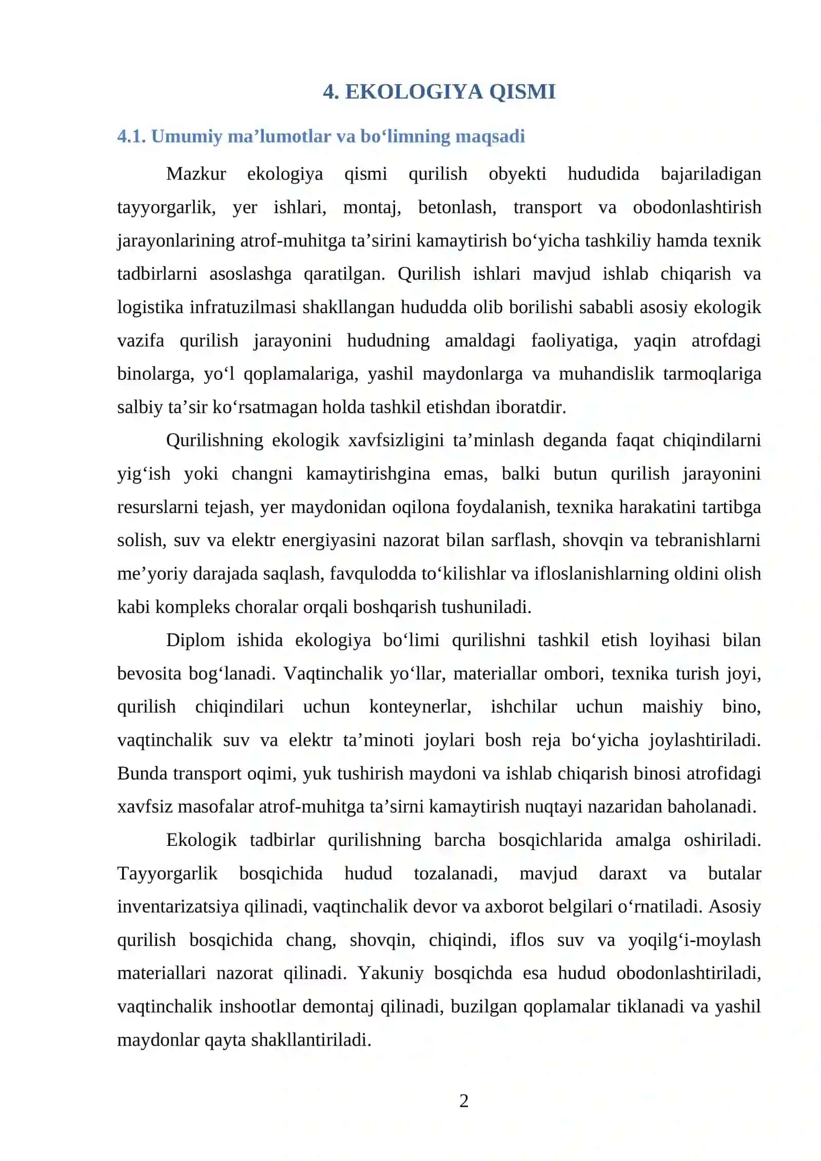 QURILISHDA EKOLOGIYA VA HAYOT FAOLIYATI XAVFSIZLIGI BO‘LIMLARI 2
