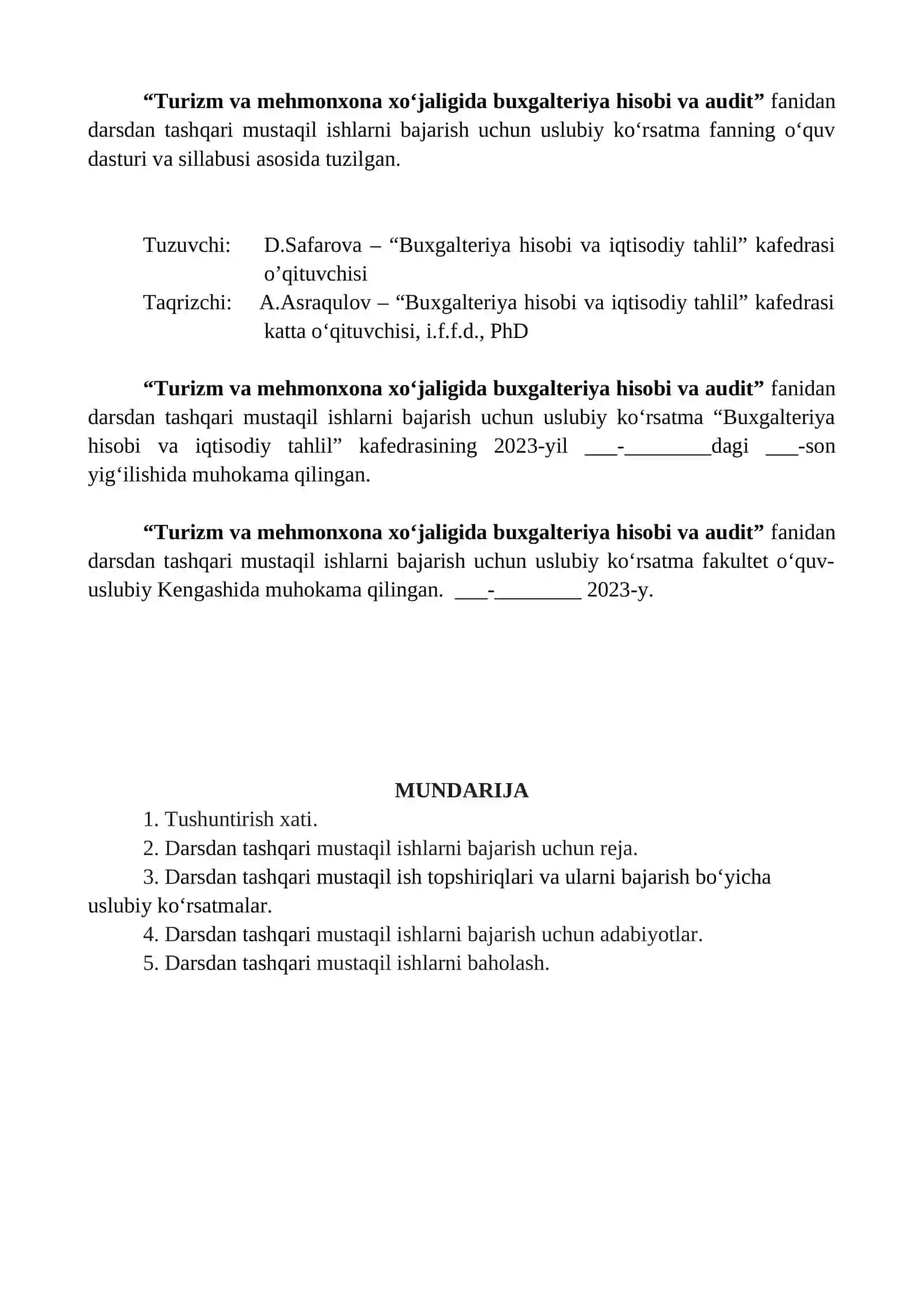 TURIZM VA MEHMONXONA XO‘JALIGIDA BUXGALTERIYA HISOBI VA AUDIT 2