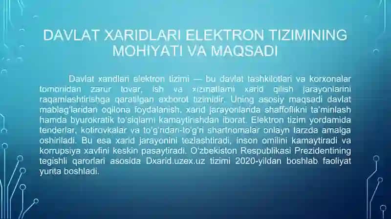Korxona va tashkilotlarning Dxarid.uzex.uz davlat xaridlari tizimida moliyaviy hisob-kitoblari – 10 slaydli taqdimot 2