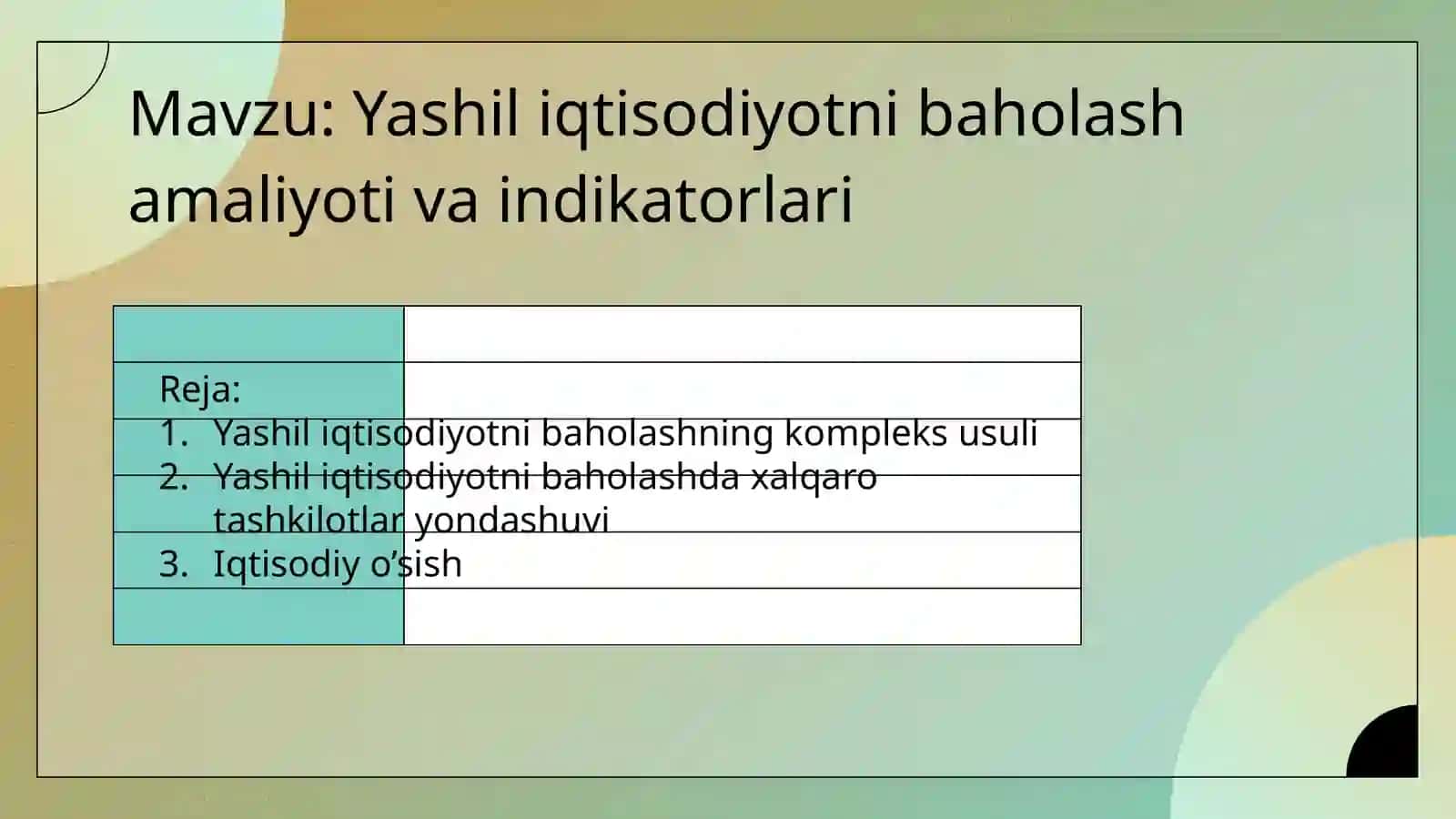 Yashil iqtisodiyotni baholash amaliyoti va indikatorlari 2