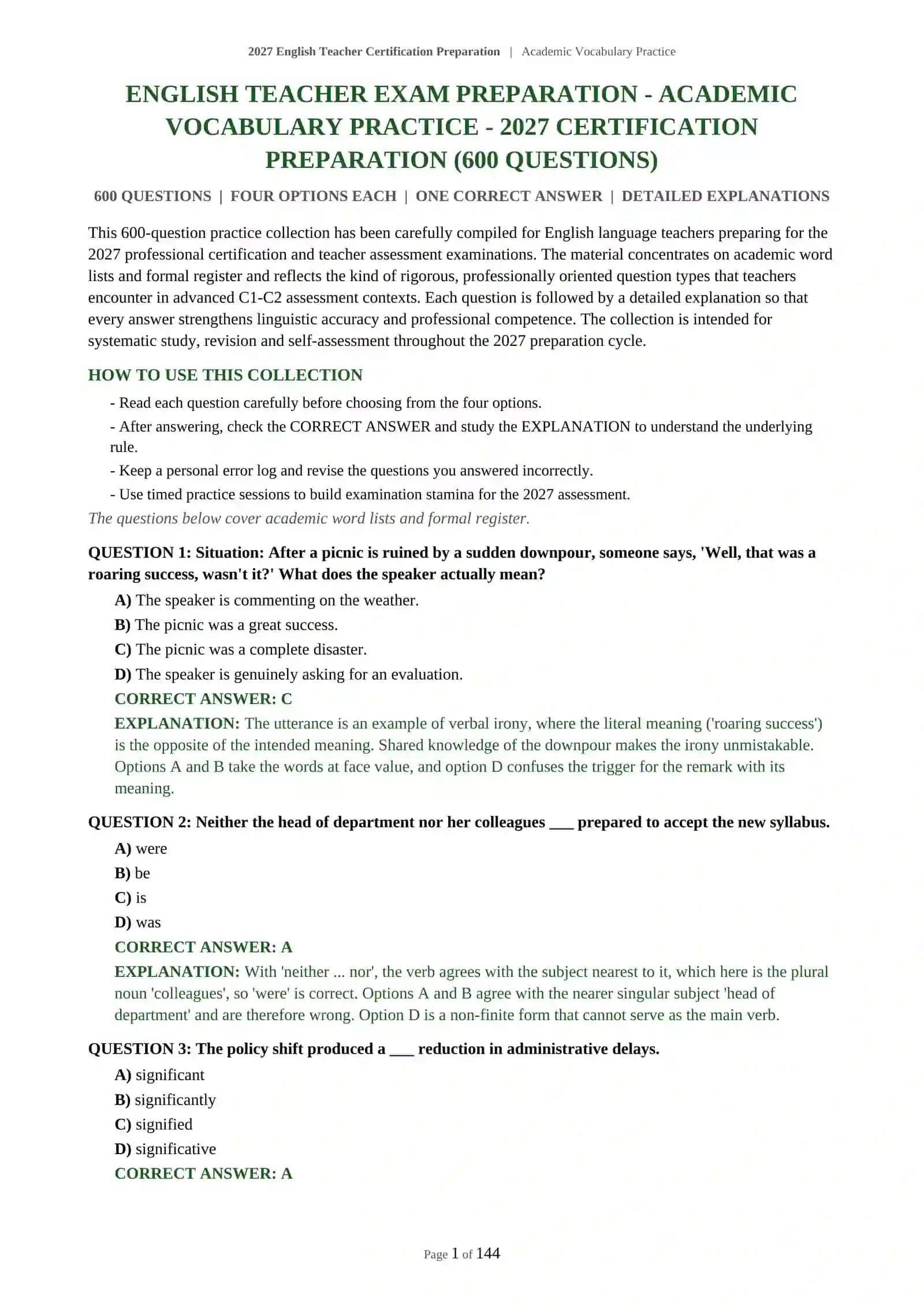 2027 English Teacher Certification Preparation | Academic Vocabulary Practice 2