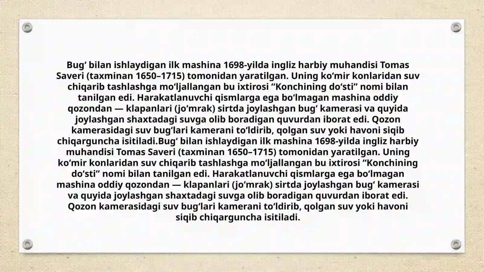 Bugʻ mashinasining ixtiro qilinishi XVIII asrning 60-yillarida Angliya sanoatining inqilobining boshlanishi 2