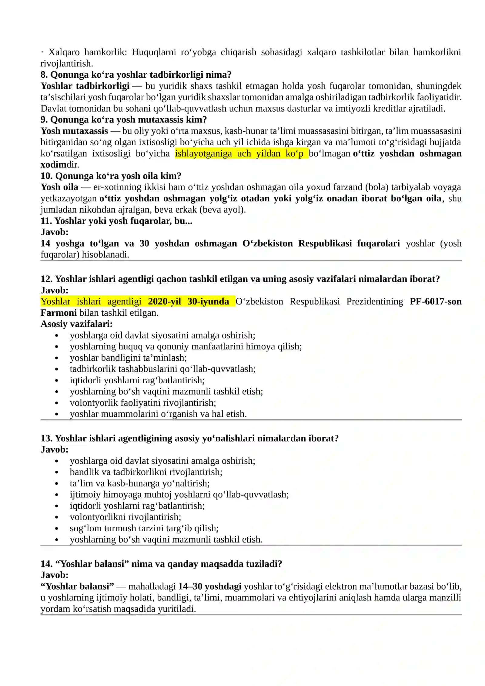 Yoshlar yetakchisi uchun savollarga javoblar 155ta 2