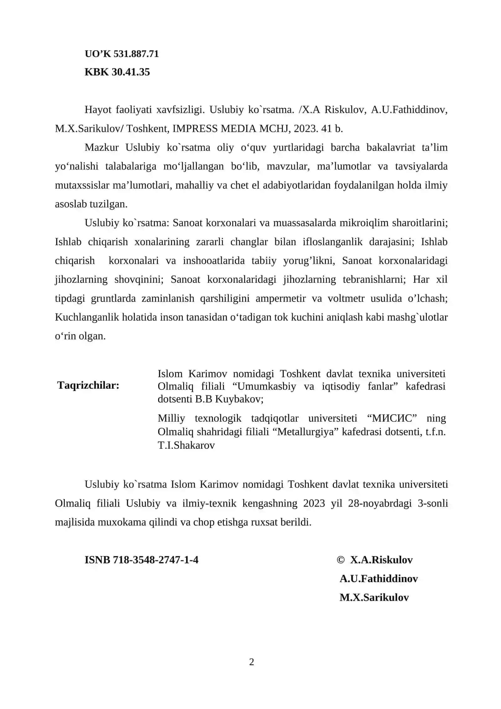 HAYOT FAOLIYATI XAVFSIZLIGI FANIDAN LABORATORIYA MASHG`ULOTLARINI BAJARISH UCHUN USLUBIY KO`RSATMA 2
