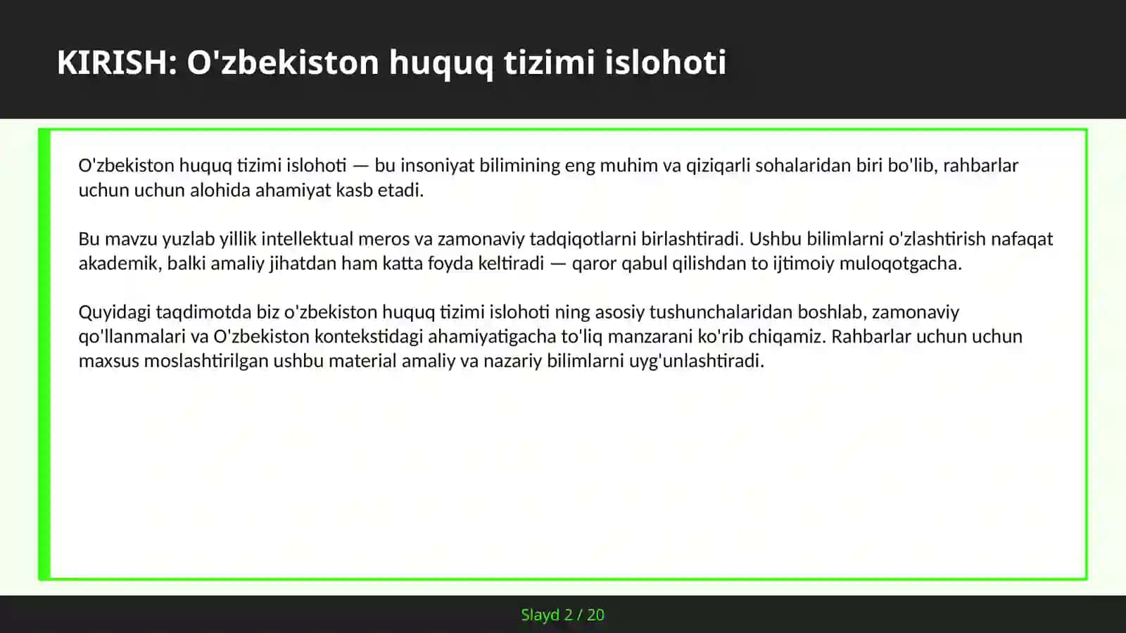 O'ZBEKISTON HUQUQ TIZIMI ISLOHOTI 2