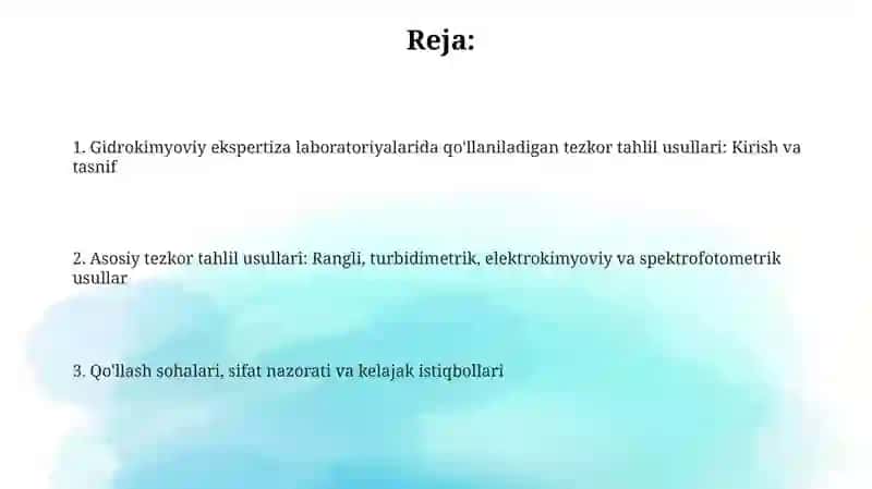 Gidrokimyoviy ekspertiza laboratoriyalarda qo'llaniladigan dastlabki ekspress tahlil usullari 2