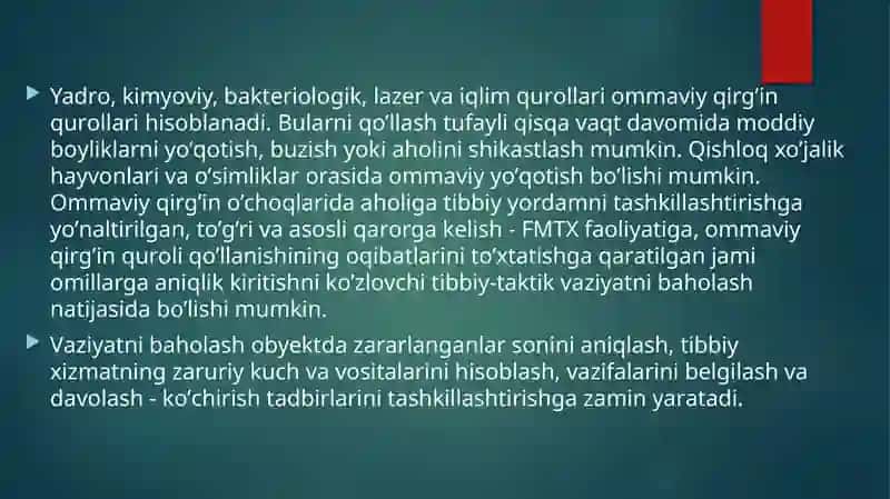 Ommaviy qirg’in qurollarining tasnifi. Jabrlanish o’chog’ining tibbiy taktik tavsifi. Yo’qotishlar. 2