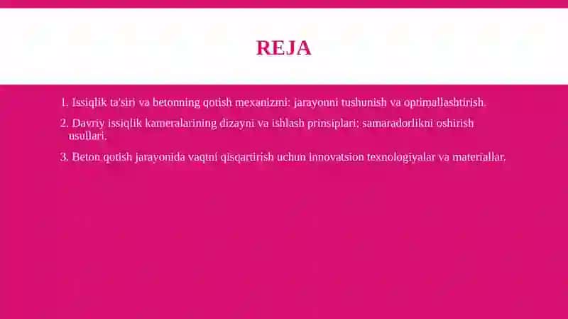 Davriy ravishda ishlaydigan issiqlik kameralarida beton qotish jarayonini tezlashtirish. 2