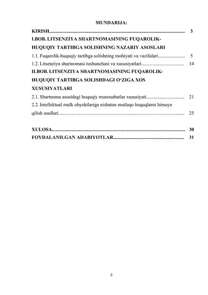 LITSENZIYA SHARTNOMASINING FUQAROLIK-HUQUQIY TARTIBGA SOLISHNING O‘ZIGA XOS XUSUSIYATLARI.INTELLEKTUAL MULK OBYEKTLARIGA NISBATAN MUTLAQO HUQUQLARNI HIMOYA QILISH USULLARI O‘ZIGA XOS XUSUSIYATLARI 2