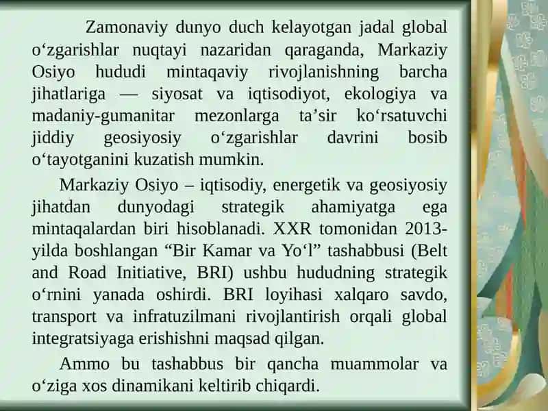 Markaziy Osiyoda geosiyosiy jarayonlarga ta'sir qiluvchi omillar 2