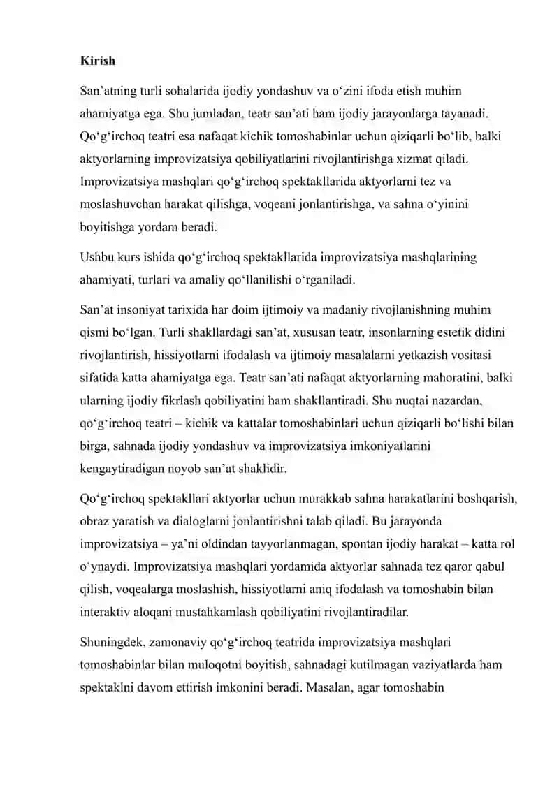 QO‘G‘IRCHOQ SPEKTAKLLARIDA IMPROVIZATSIYA MASHQLARI 2