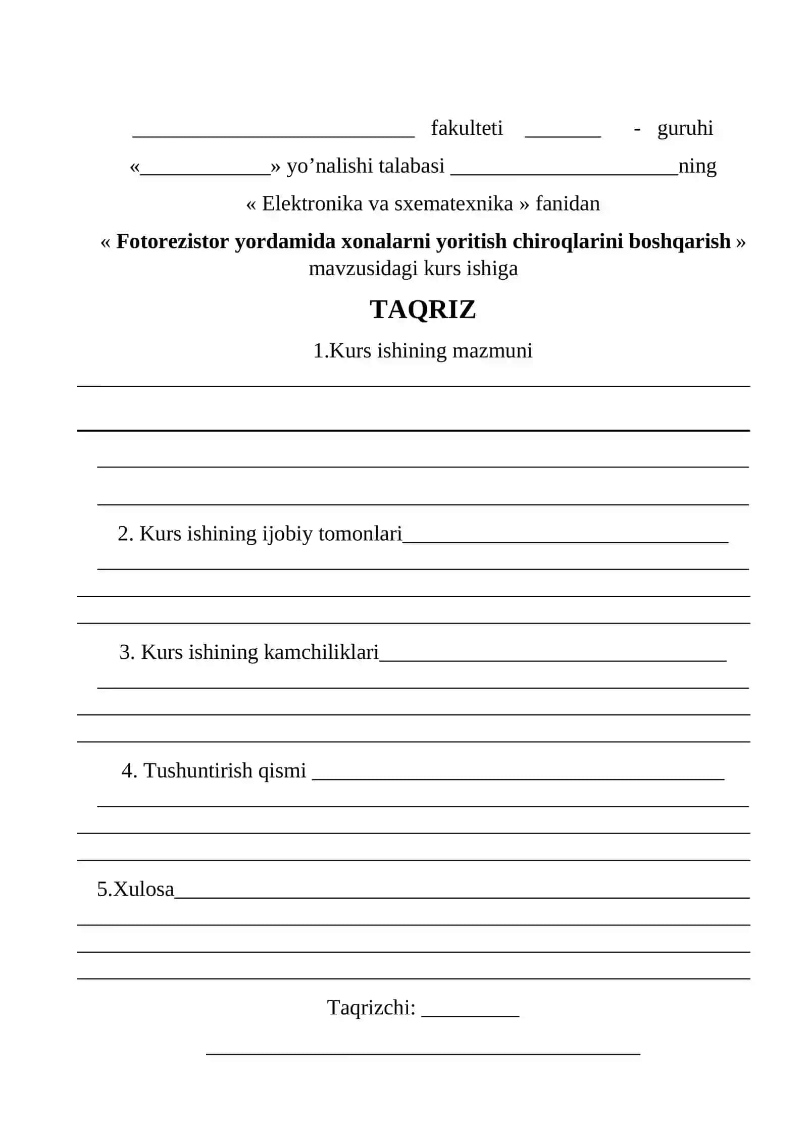 Fotorezistor yordamida xonalarni yoritish chiroqlarini boshqarish kurs ishi 2