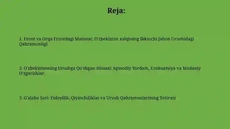 Ikkinchi jahon urushi davrida oʻzbek xalqining frontdagi va front ortidagi matonati 2