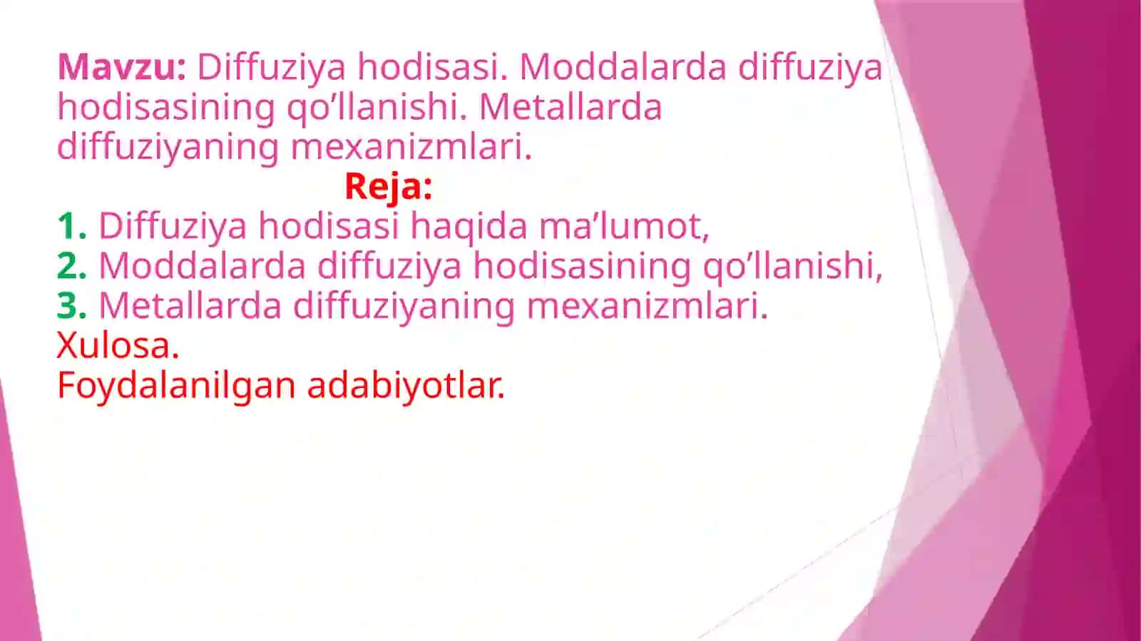 Diffuziya hodisasi. Moddalarda diffuziya hodisasining qo’llanishi. Metallarda diffuziyaning mexanizmlari mavzusida tayyor sifatli taqdimot va slayd 2