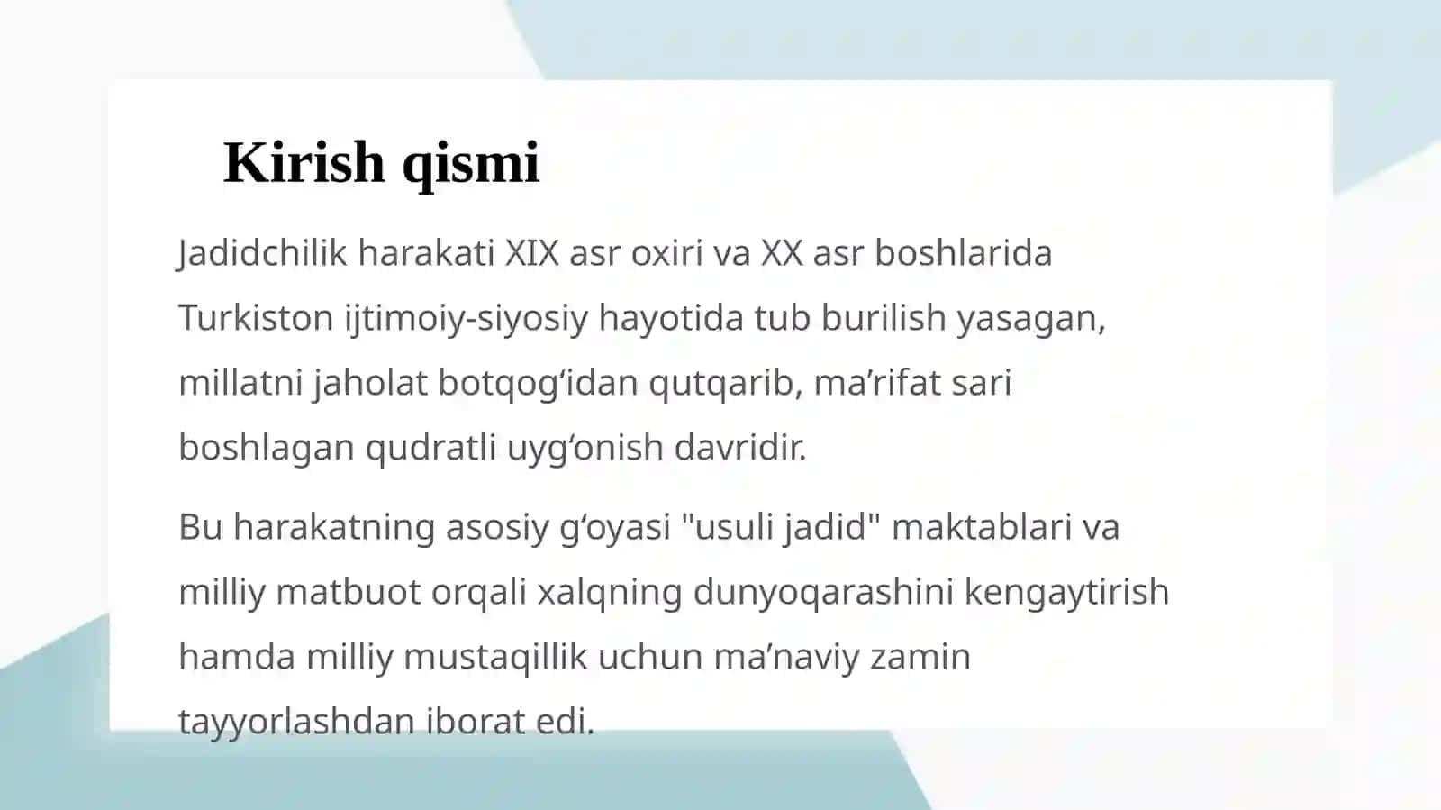 Jadidchilik harakati namoyondalari (Abdurauf Fitrat, Mahmudxoʻja Behbudiy, Abdulhamid Choʻlpon, Isʼhoqxon toʻra Ibrat) 2