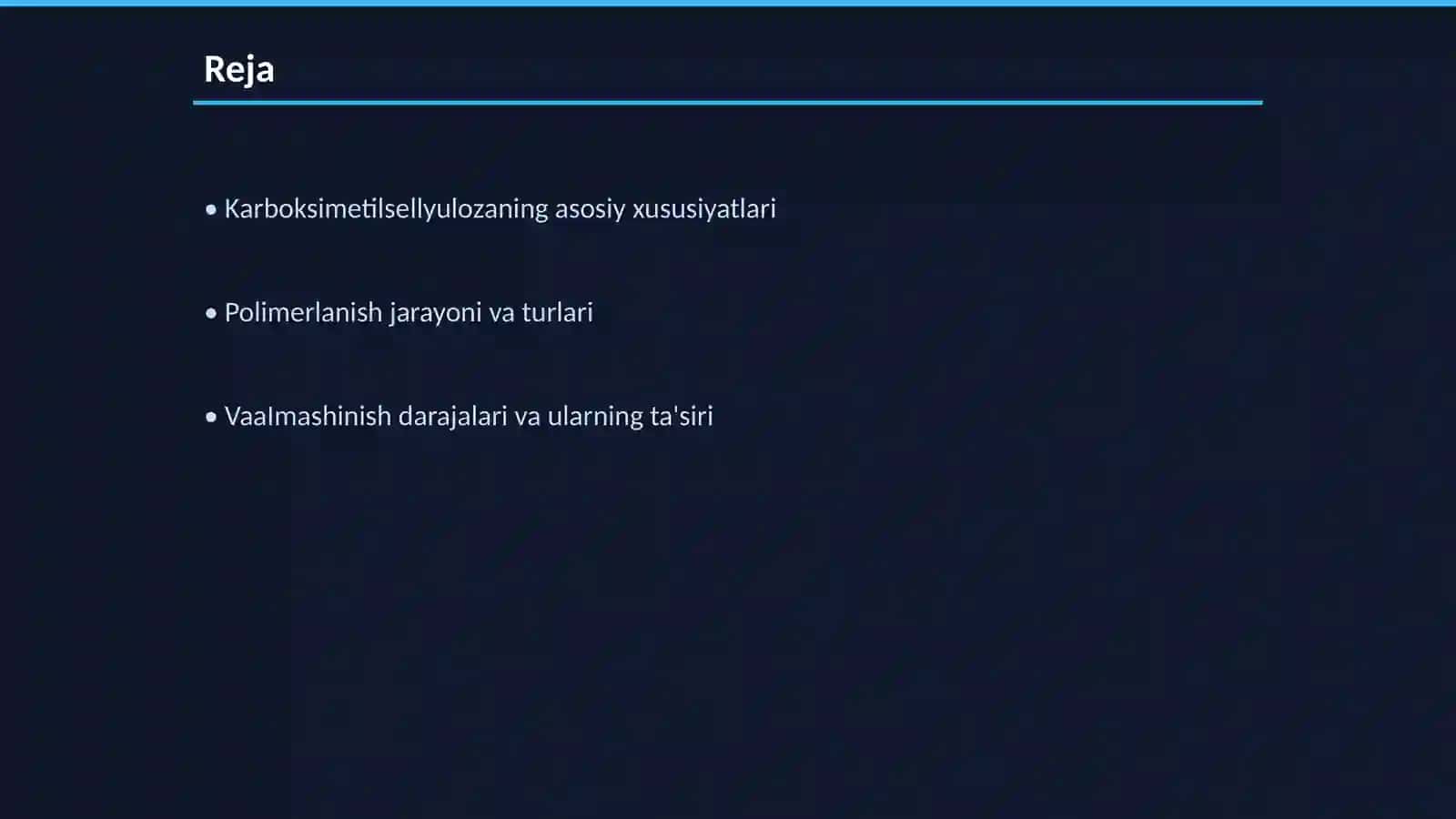 Polimеrlаnish vааlmаshinish dаrаjаsi turlichа bo‘lgаn kаrbоksimеtilsеllyulоzа sintеzi vа ulаrni tоzаlаsh usullаri 2