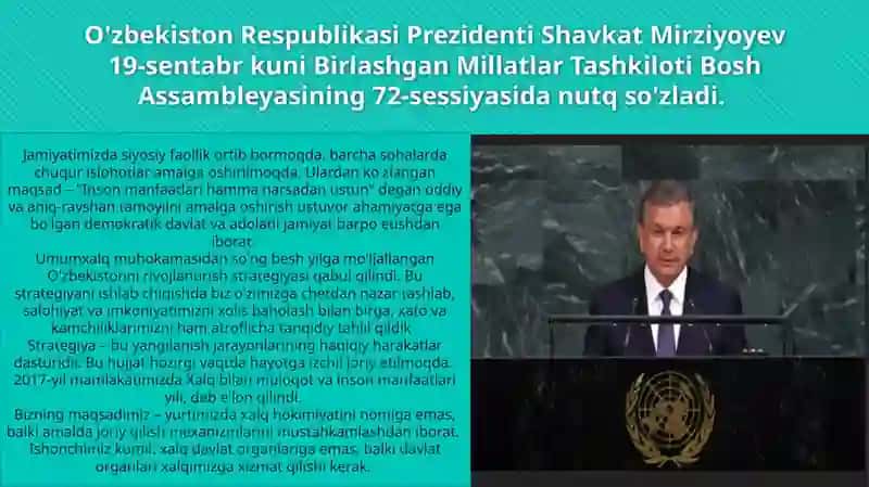 O‘zbеkistоn RеspublikаsiPrеzidеntiBMTning72-sеssiyasidа "Mа’rifаt vаdiniybаg‘rikеnglik” g‘оyasiunibаg‘rikеnglikvаo‘zаrоhurmаtniqаrоr tоptirish,diniyerkinliknitа’minlаsh,e’tiqоdqiluvchilаrninghuquqinihimоyaqilish,ulаrningkаmsitilishigаyo‘lqo‘ymаslikkаko‘mаklаshishgаqаrаtilgаnligi. 2