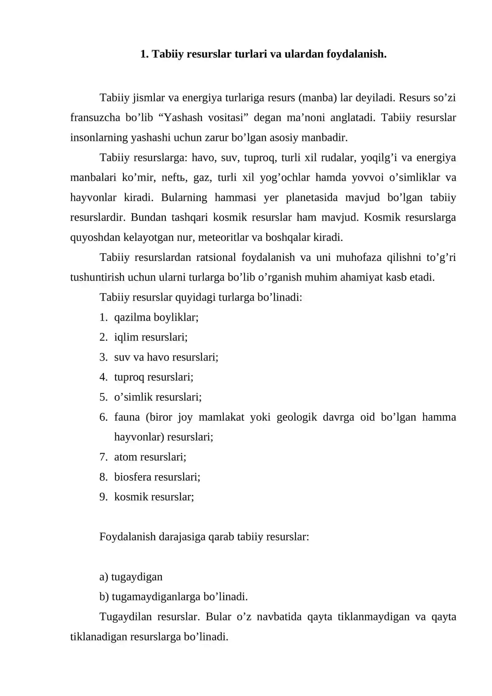 Tabiiy resurslar va ulardan foydalanish 2