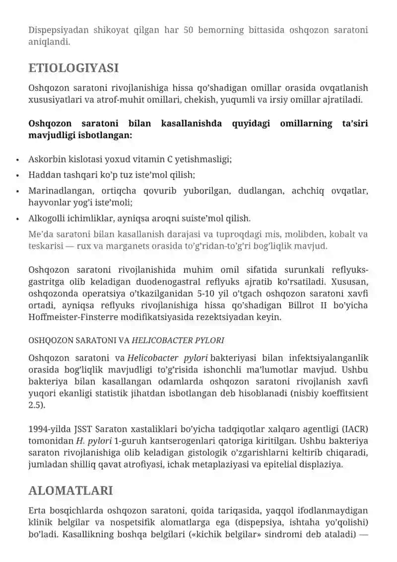 OSHQOZON SARATONI (me’da raki) — SABABLARI, ALOMATLARI, TASNIFI, TASHXISLASH, DAVOLASH 2