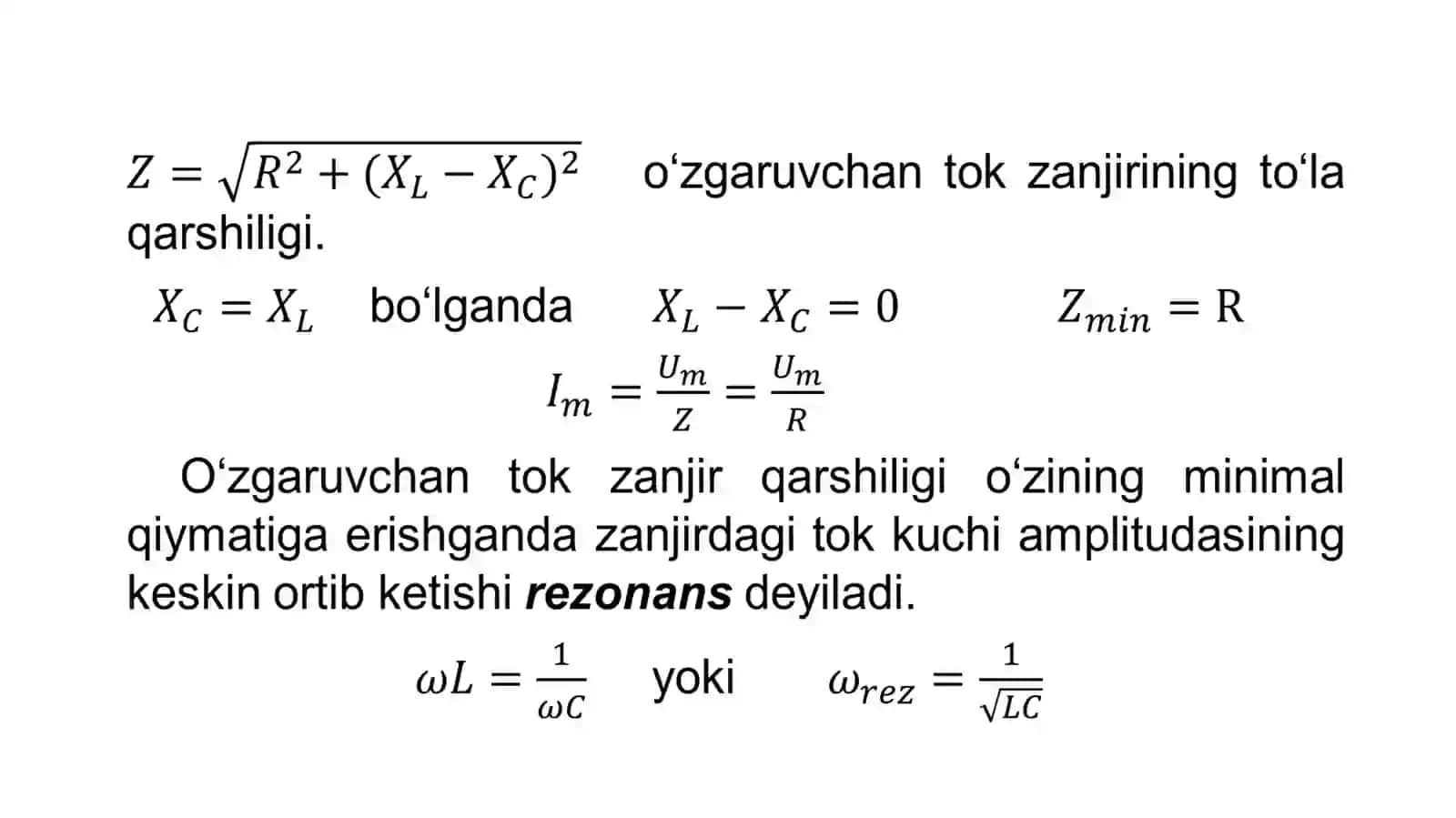 O‘zgaruvchan tok zanjiri da rezonans hodisasi 2