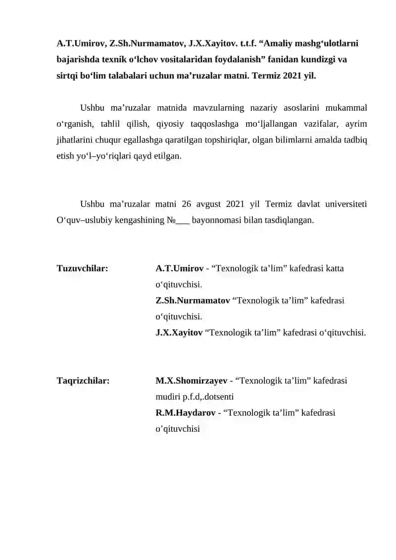 Amaliy mashg‘ulotlarni bajarishda texnik o‘lchov vositalaridan foydalinish 2