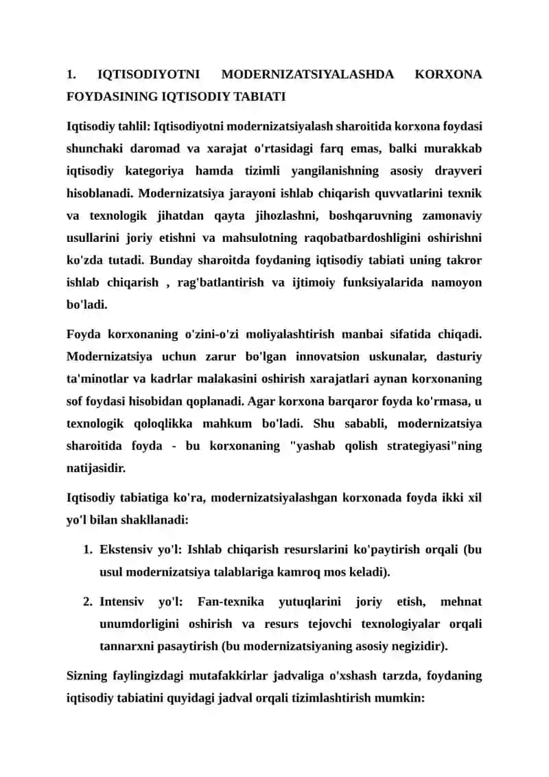 IQTISODIYOTNI MODERNIZATSIYALASHDA KORXONA FOYDASINING IQTISODIY TABIATI 2