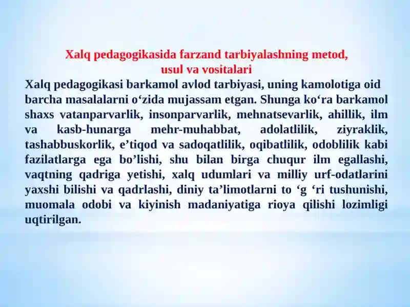 Xalqpedagogikasiyosh avlod tarbiyasi haqidagi bilim, ko‘nikma va malakalar in’ikosi 2