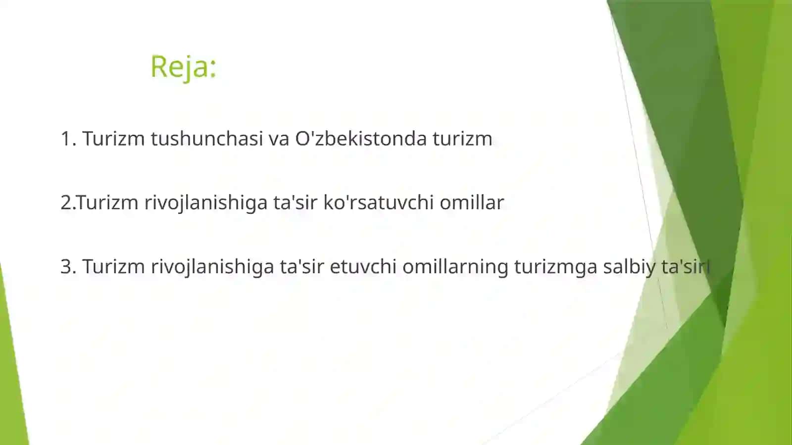Turizmni rivojlantirishga ta’sir ko’rsatadigan asosiy omillar 2