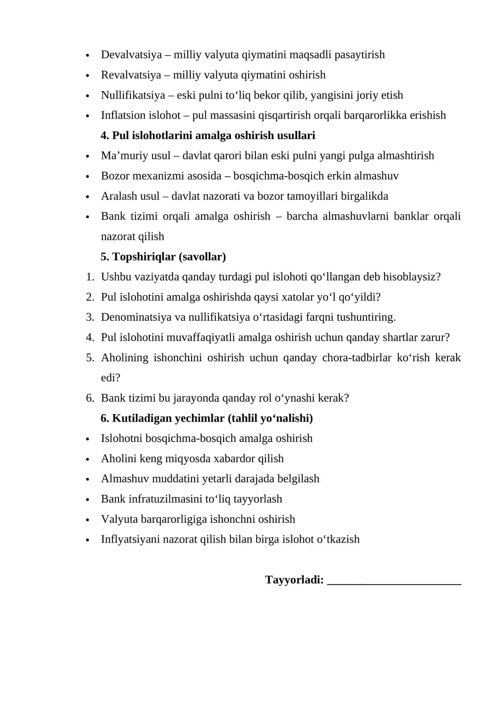 PUL ISLOHOTLARI TURLARI VA ULARNI AMALGA OSHIRISH USULLARI. keys 2